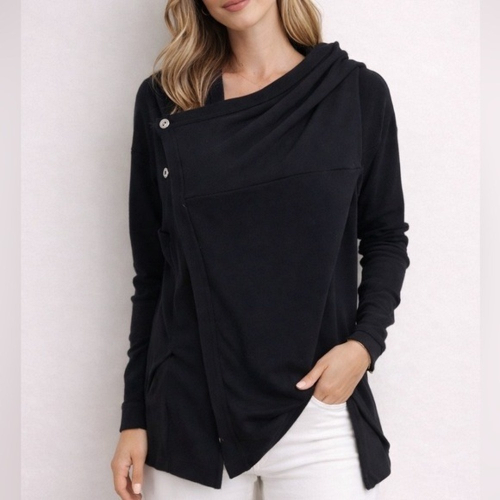 Free People Womens Asymmetrical Button Front Hooded Fleece‎ Top Black XS